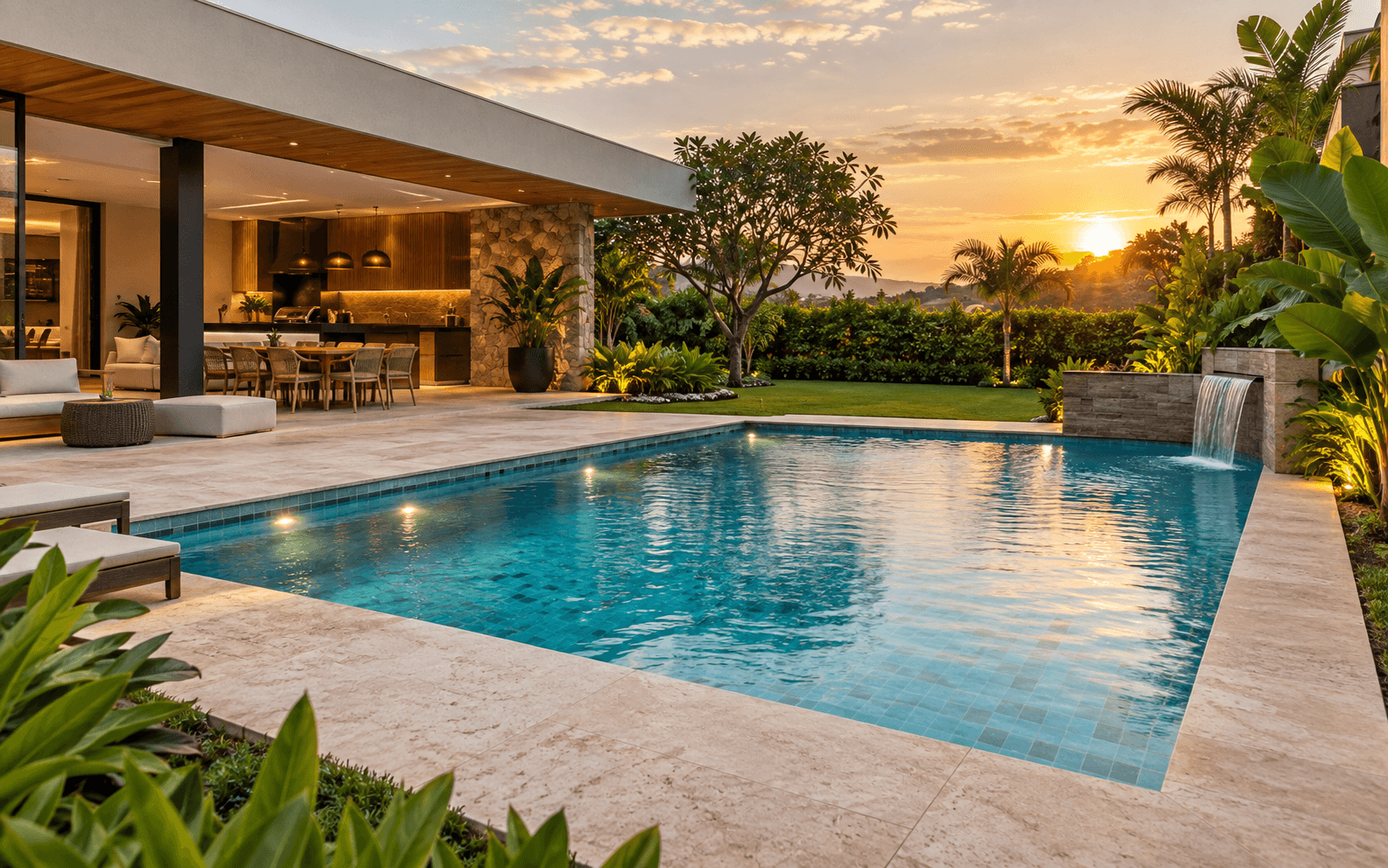 Piscina finalizada com deck, jardim e área gourmet