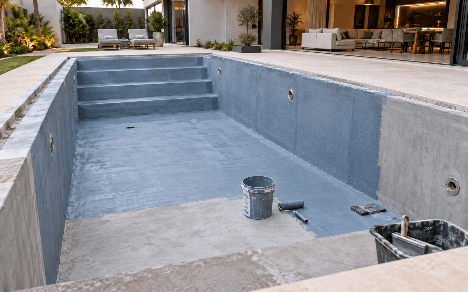 Estrutura de piscina durante a aplicação da impermeabilização